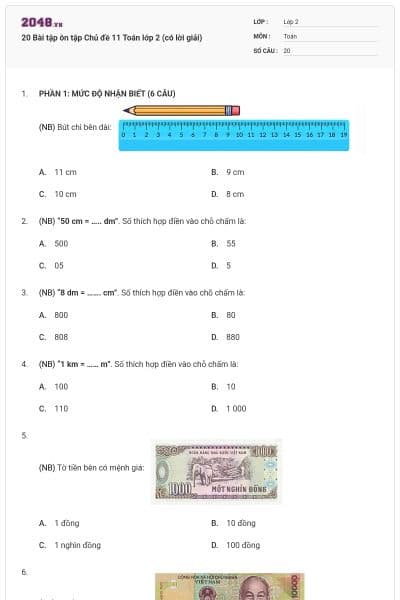 20 Bài tập ôn tập Chủ đề 11 Toán lớp 2 (có lời giải)