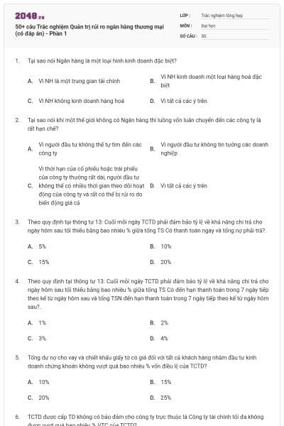 50+ câu Trắc nghiệm Quản trị rủi ro ngân hàng thương mại (có đáp án) - Phần 1