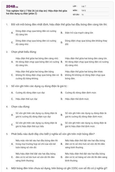 Trắc nghiệm Vật Lí 7 Bài 26 (có đáp án): Hiệu điện thế giữa hai đầu dụng cụ điện (phần 2)