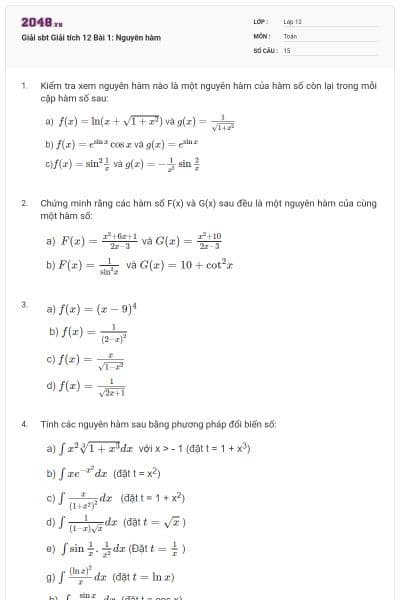 Giải sbt Giải tích 12 Bài 1: Nguyên hàm