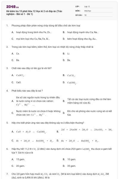 Đề kiểm tra 15 phút Hóa 12 Học kì 2 có đáp án (Trắc nghiệm - Bài số 1 - Đề 1)