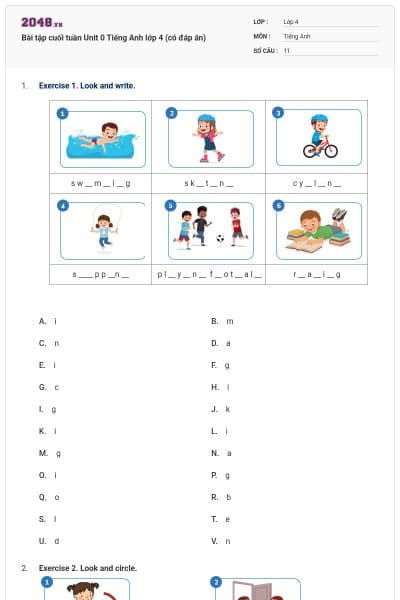 Bài tập cuối tuần Unit 0 Tiếng Anh lớp 4 (có đáp án)