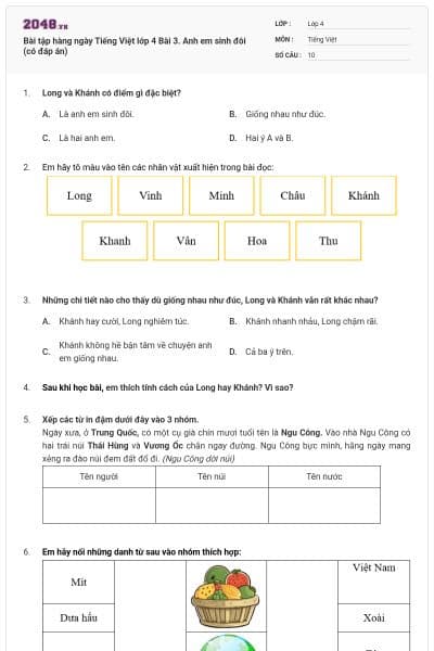 Bài tập hàng ngày Tiếng Việt lớp 4 Bài 3. Anh em sinh đôi (có đáp án)