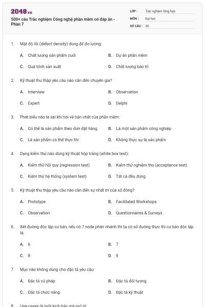 500+ câu Trắc nghiệm Công nghệ phần mềm có đáp án - Phần 7