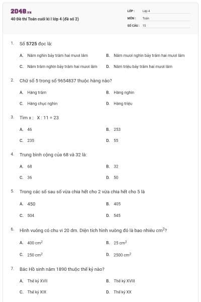 40 Đề thi Toán cuối kì I lớp 4 (đề số 2)