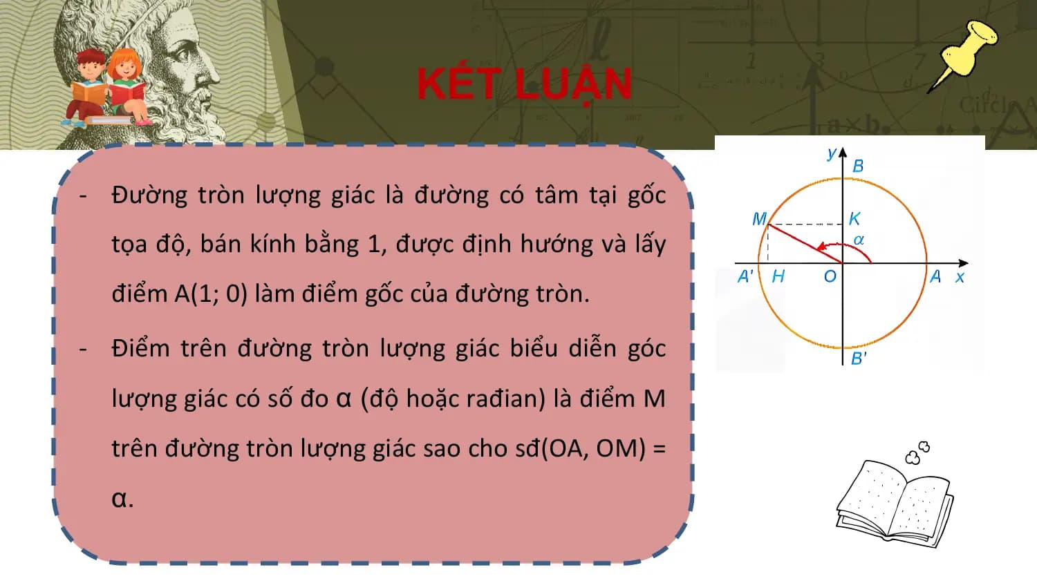 KẾT LUẬN

- Đường tròn lượng giác là đường có tâm tại gốc
 tọa độ, bán kính bằng 1, được định hướng và lấy
 điểm A(1; 0) làm điểm gốc của đường tròn.

- Điểm trên đường tròn lượng giác biểu diễn góc
 lượng giác có số đo α (độ hoặc rađian) là điểm M
 trên đường tròn lượng giác sao cho sđ(OA, OM) =
 α.