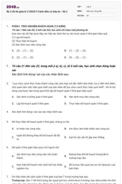 Bộ 3 đề thi giữa kì 2 GDCD 9 Cánh diều có đáp án - Đề 2