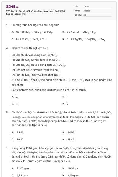 265 bài tập Sắt và một số kim loại quan trọng ôn thi Đại học có lời giải (P7)