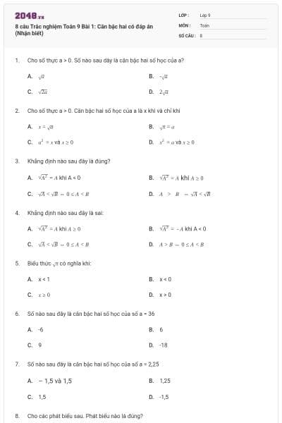 8 câu Trắc nghiệm Toán 9 Bài 1: Căn bậc hai có đáp án (Nhận biết)