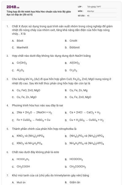 Tổng hợp đề thi minh họa Hóa Hoc chuẩn cấu trúc Bộ giáo dục có đáp án (đề số 6)