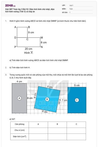 Giải SBT Toán lớp 3 Bài 52: Diện tích hình chữ nhật, diện tích hình vuông (Tiết 3) có đáp án