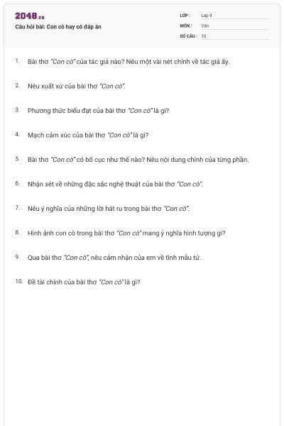 Câu hỏi bài: Con cò hay có đáp án