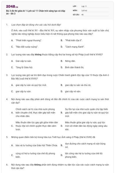 Bộ 3 đề thi giữa kì 1 Lịch sử 11 Chân trời sáng tạo có đáp án - Đề 3