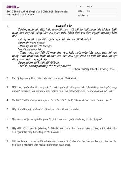 Bộ 10 đề thi cuối kì 1 Ngữ Văn 8 Chân trời sáng tạo cấu trúc mới có đáp án - Đề 6