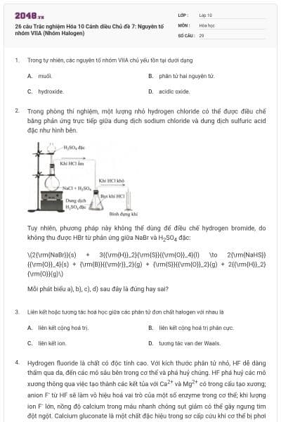 26 câu Trắc nghiệm Hóa 10 Cánh diều Chủ đề 7: Nguyên tố nhóm VIIA (Nhóm Halogen)