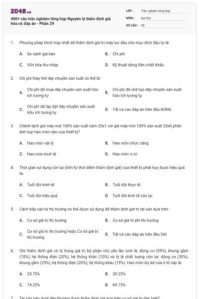 400+ câu trắc nghiệm tổng hợp Nguyên lý thẩm định giá hóa có đáp án - Phần 29