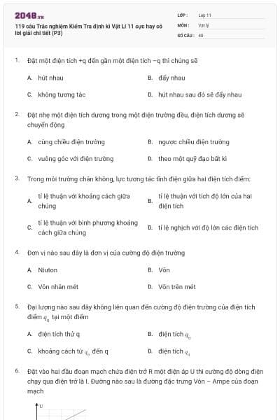 119 câu Trắc nghiệm Kiểm Tra định kì Vật Lí 11 cực hay có lời giải chi tiết (P3)