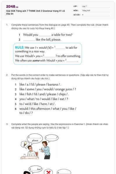 Giải SGK Tiếng anh 7 THiNK Unit 3 Grammar trang 41 có đáp án