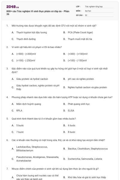 800+ câu Trắc nghiệm Vi sinh thực phẩm có đáp án - Phần 36