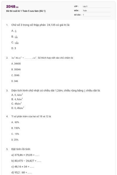 Đề thi cuối kì 1 Toán 5 sưu tầm (Đề 1)