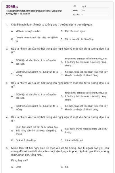 Trắc nghiệm: Cách làm bài nghị luận về một vấn đề tư tưởng, đạo lí có đáp án