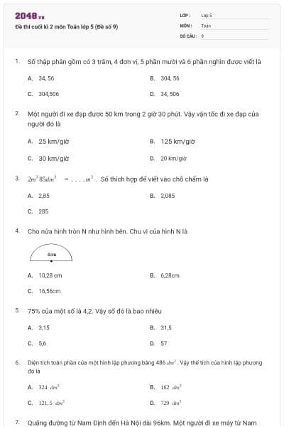 Đề thi cuối kì 2 môn Toán lớp 5 (Đề số 9)