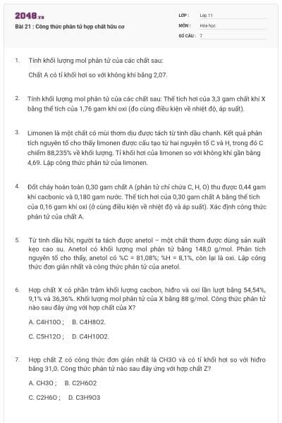 Bài 21 : Công thức phân tử hợp chất hữu cơ
