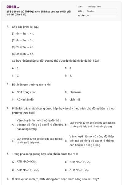 25 Bộ đề thi thử THPTQG môn Sinh hoc cực hay có lời giải chi tiết (Đề số 23)