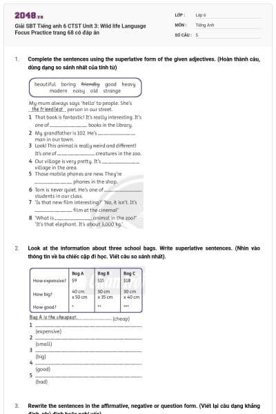 Giải SBT Tiếng anh 6 CTST Unit 3: Wild life Language Focus Practice trang 68 có đáp án