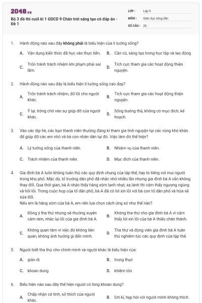 Bộ 3 đề thi cuối kì 1 GDCD 9 Chân trời sáng tạo có đáp án - Đề 1