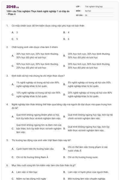 100+ câu Trắc nghiệm Thực hành nghề nghiệp 1 có đáp án - Phần 4