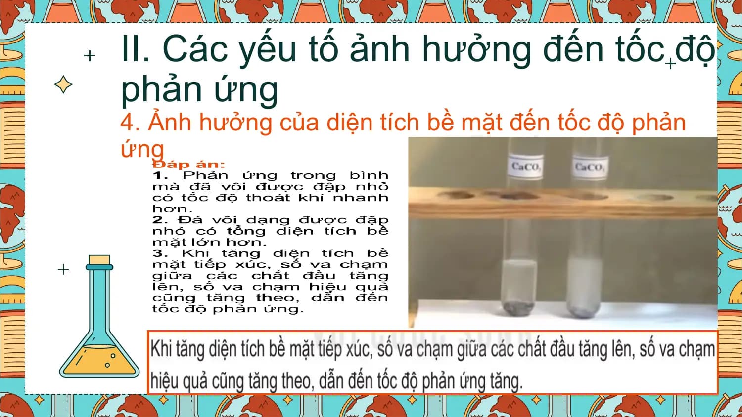 II. Các yếu tố ảnh hưởng đến tốc độ
phản ứng
4. Ảnh hưởng của diện tích bề mặt đến tốc độ phản
ứng