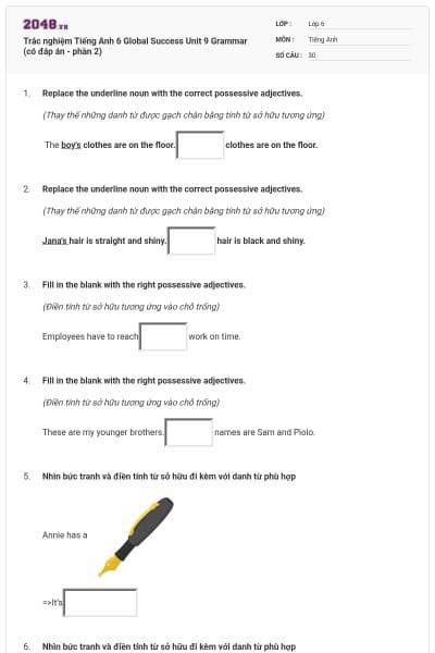 Trắc nghiệm Tiếng Anh 6 Global Success Unit 9 Grammar (có đáp án - phần 2)