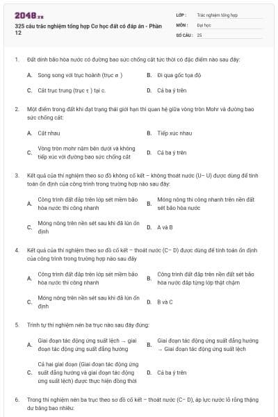 325 câu trắc nghiệm tổng hợp Cơ học đất có đáp án - Phần 12