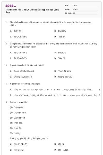 Trắc nghiệm Hóa 9 Bài 20 (có đáp án): Hợp kim sắt: Gang, thép
