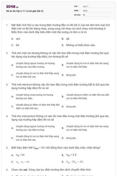 Đề ôn thi Vật Lí 11 có lời giải (Đề 4)
