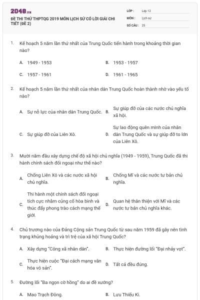 ĐỀ THI THỬ THPTQG 2019 MÔN LỊCH SỬ CÓ LỜI GIẢI CHI TIẾT (ĐỀ 2)
