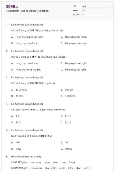 Trắc nghiệm Hàng và lớp lớp 4(có đáp án)