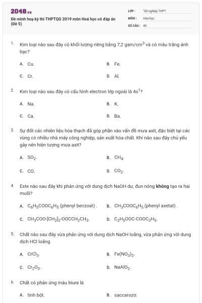 Đề minh hoạ kỳ thi THPTQG 2019 môn Hoá học có đáp án (Đề 5)
