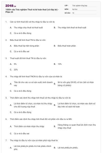 1000+ câu Trắc nghiệm Thuế và kế toán thuế (có đáp án) - Phần 34