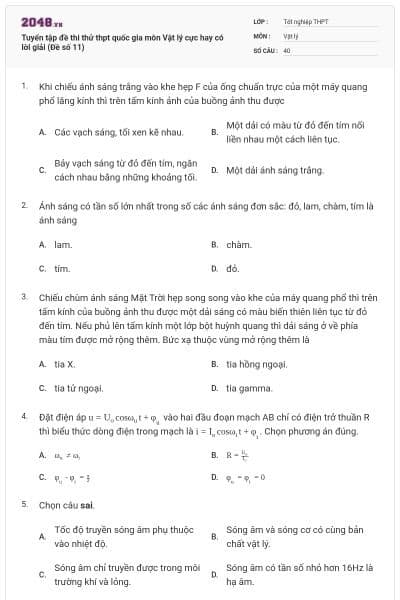 Tuyển tập đề thi thử thpt quốc gia môn Vật lý cực hay có lời giải (Đề số 11)