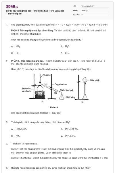 Đề thi thử tốt nghiệp THPT môn Hóa học THPT  Lần 2 Hà Tĩnh có đáp án