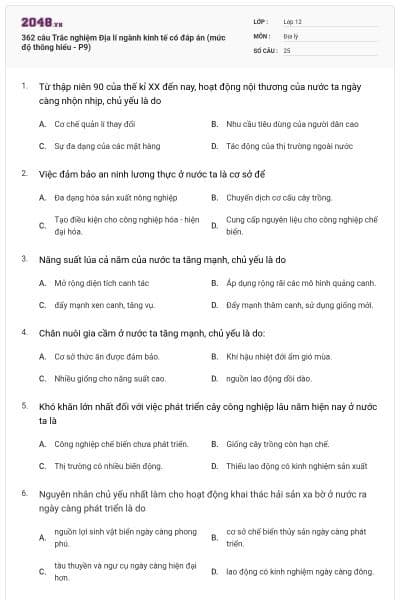 362 câu Trắc nghiệm Địa lí ngành kinh tế có đáp án (mức độ thông hiểu - P9)