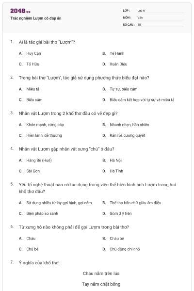 Trắc nghiệm Lượm có đáp án