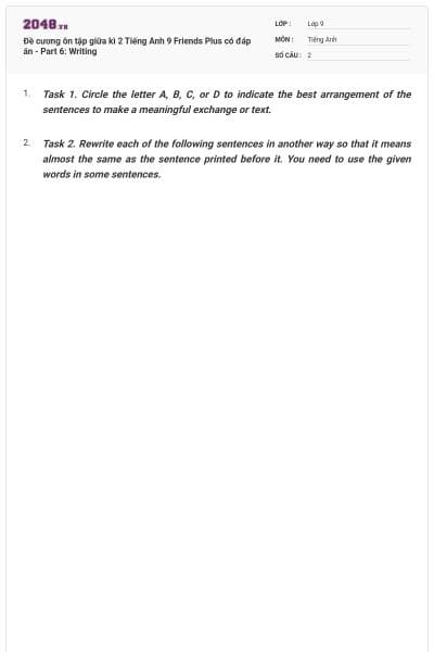 Đề cương ôn tập giữa kì 2 Tiếng Anh 9 Friends Plus có đáp án - Part 6: Writing