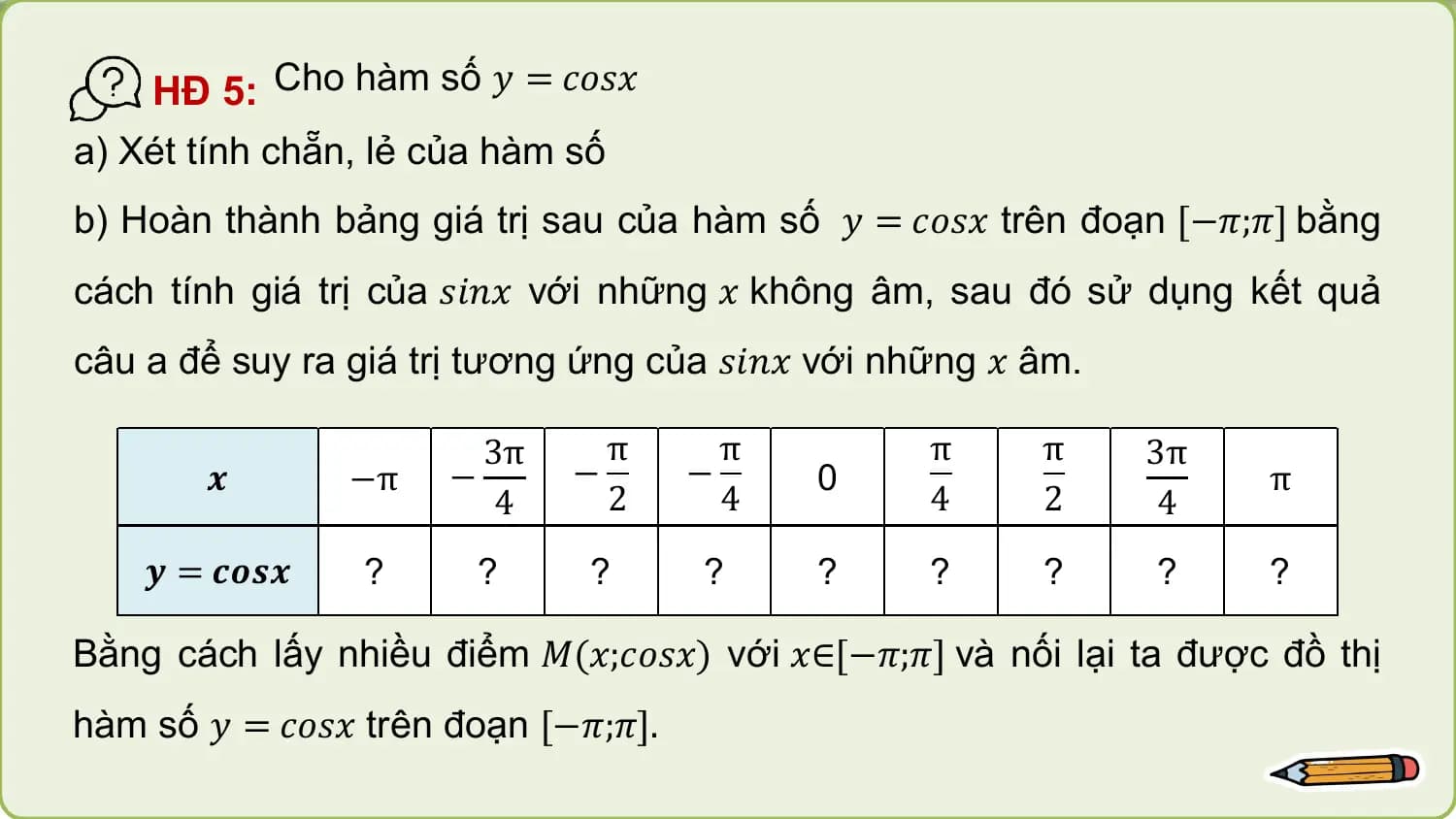 HĐ 5: Cho hàm số 𝑦 = 𝑐𝑜𝑠𝑥
a) Xét tính chẵn, lẻ của hàm số
b) Hoàn thành bảng giá trị sau của hàm số 𝑦 = 𝑐𝑜𝑠𝑥 trên đoạn [−𝜋;𝜋] bằng
cách tính giá trị của 𝑠𝑖𝑛𝑥 với những 𝑥 không âm, sau đó sử dụng kết quả
câu a để suy ra giá trị tương ứng của 𝑠𝑖𝑛𝑥 với những 𝑥 âm.

 3π π π π π 3π
 𝒙 −π − − − 0 π
 4 2 4 4 2 4
 𝒚 = 𝒄𝒐𝒔𝒙 ? ? ? ? ? ? ? ? ?

Bằng cách lấy nhiều điểm 𝑀(𝑥;𝑐𝑜𝑠𝑥) với 𝑥∈[−𝜋;𝜋] và nối lại ta được đồ thị
hàm số 𝑦 = 𝑐𝑜𝑠𝑥 trên đoạn [−𝜋;𝜋].
