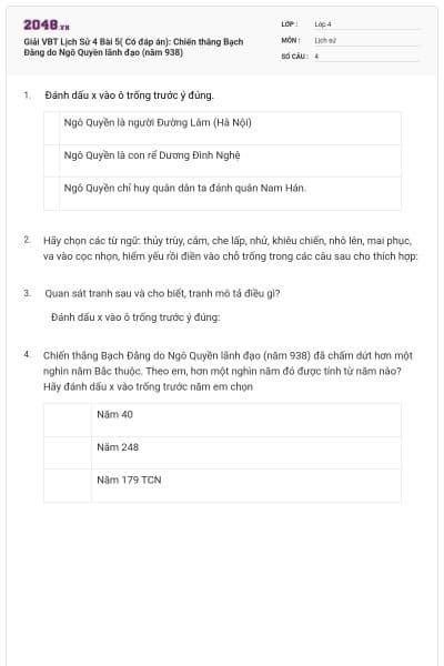 Giải VBT Lịch Sử 4 Bài 5( Có đáp án): Chiến thắng Bạch Đằng do Ngô Quyền lãnh đạo (năm 938)