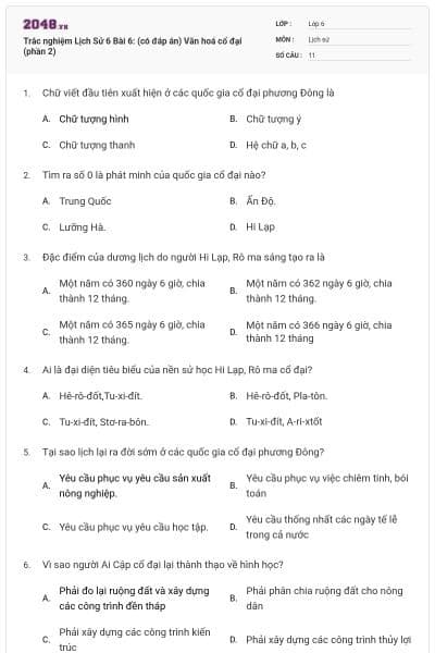 Trắc nghiệm Lịch Sử 6 Bài 6: (có đáp án) Văn hoá cổ đại (phần 2)