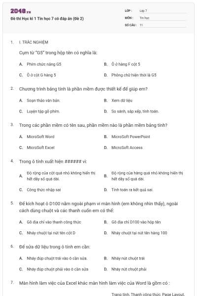 Đề thi Học kì 1 Tin học 7 có đáp án (Đề 2)