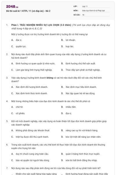 Đề thi cuối kì 1 KTPL 11 (có đáp án) - Đề 2